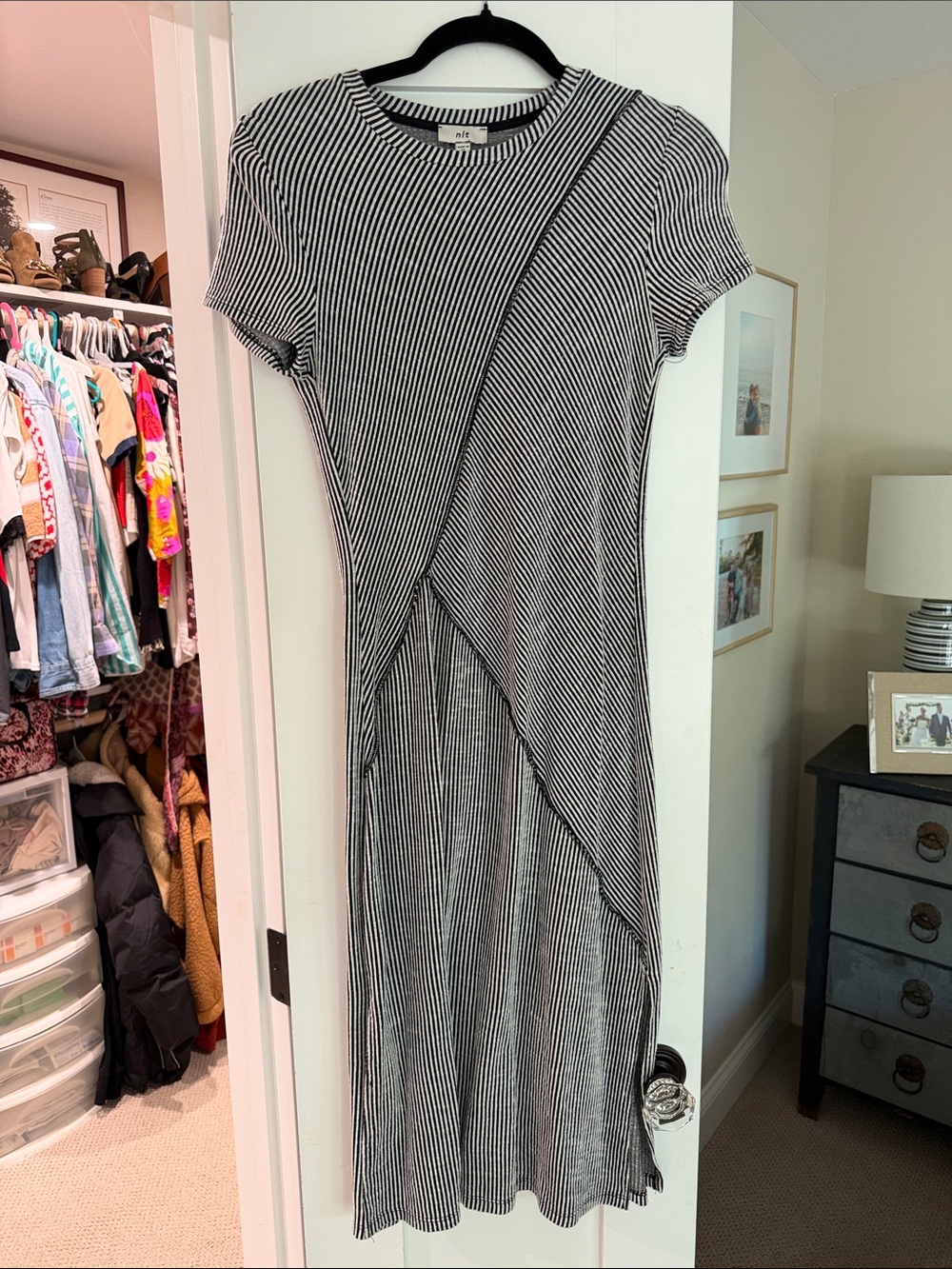 Striped Short-Sleeve Midi Dress in Black & White